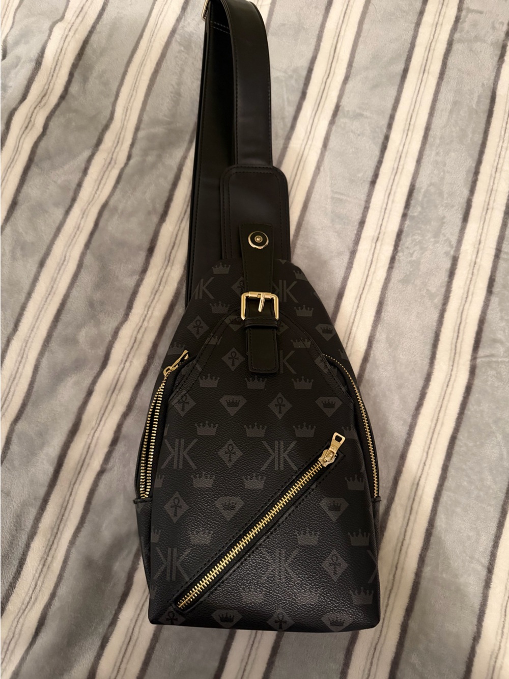 Black Monogram Crossbody Sling Bag with Gold Hardware